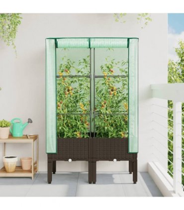 vidaXL Raised Bed with Greenhouse Cover Rattan Look 80x40x140 cm — Colour: brown, Size: 80 x 40 x 140 cm