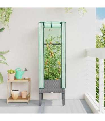 vidaXL Raised Bed with Greenhouse Cover Rattan Look 40x40x140 cm — Colour: light grey, Size: 40 x 40 x 140 cm
