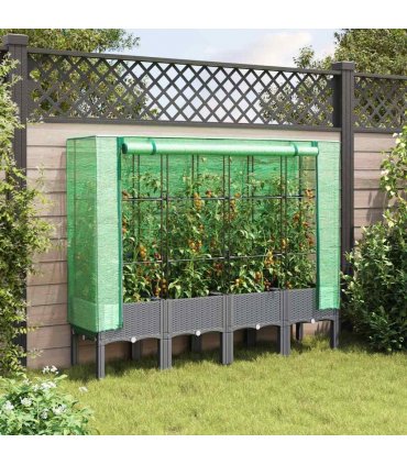 vidaXL Raised Bed with Greenhouse Cover Rattan Look 160x40x140 cm — Colour: light grey, Size: 160 x 40 x 140 cm