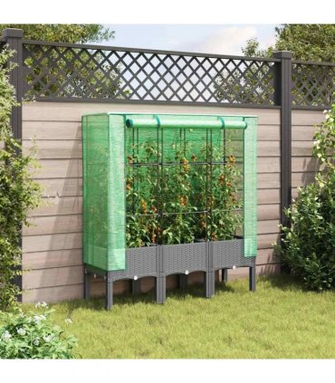 vidaXL Raised Bed with Greenhouse Cover Rattan Look 120x40x140 cm — Colour: light grey, Size: 120 x 40 x 140 cm