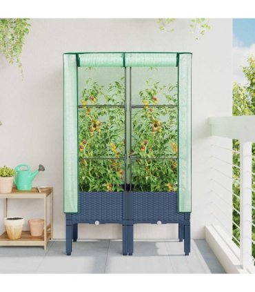 vidaXL Raised Bed with Greenhouse Cover Rattan Look 80x40x140 cm — Colour: blue grey, Size: 80 x 40 x 140 cm
