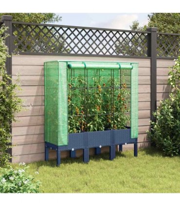 vidaXL Raised Bed with Greenhouse Cover Rattan Look 120x40x140 cm — Colour: blue grey, Size: 120 x 40 x 140 cm