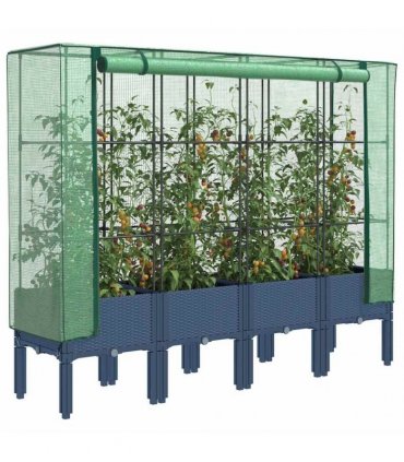 vidaXL Raised Bed with Greenhouse Cover Rattan Look 160x40x140 cm — Colour: blue grey, Size: 160 x 40 x 140 cm