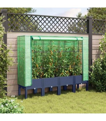 vidaXL Raised Bed with Greenhouse Cover Rattan Look 160x40x140 cm — Colour: blue grey, Size: 160 x 40 x 140 cm