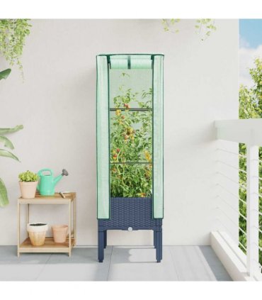 vidaXL Raised Bed with Greenhouse Cover Rattan Look 40x40x140 cm — Colour: blue grey, Size: 40 x 40 x 140 cm