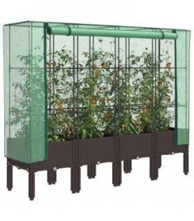 vidaXL Raised Bed with Greenhouse Cover Rattan Look 160x40x140 cm — Colour: brown, Size: 160 x 40 x 140 cm