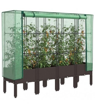 vidaXL Raised Bed with Greenhouse Cover Rattan Look 160x40x140 cm — Colour: brown, Size: 160 x 40 x 140 cm