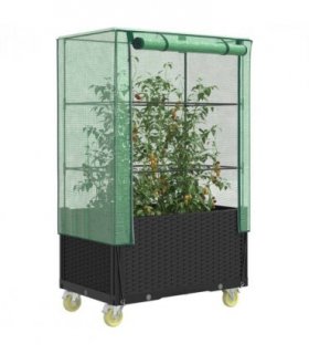 vidaXL Raised Bed with Cover and Wheels Rattan Look 80x50x182 cm — Colour: black