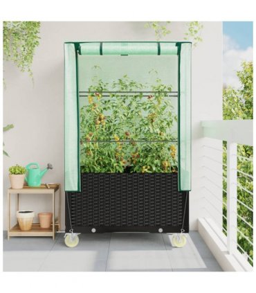 vidaXL Raised Bed with Cover and Wheels Rattan Look 80x50x182 cm — Colour: black