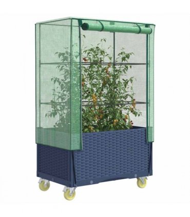 vidaXL Raised Bed with Cover and Wheels Rattan Look 80x50x182 cm — Colour: blue grey