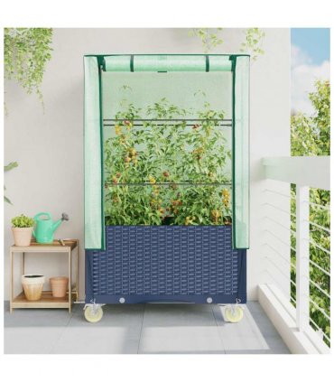 vidaXL Raised Bed with Cover and Wheels Rattan Look 80x50x182 cm — Colour: blue grey