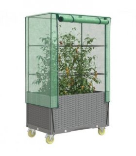 vidaXL Raised Bed with Cover and Wheels Rattan Look 80x50x182 cm — Colour: light grey