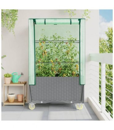 vidaXL Raised Bed with Cover and Wheels Rattan Look 80x50x182 cm — Colour: light grey