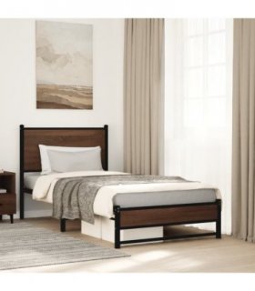 vidaXL Metal Bed Frame without Mattress Brown Oak 90x200 cm — Size: 90 x 200 cm, Model: with headboard & dual low footboard