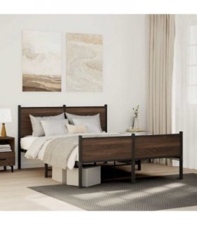vidaXL Metal Bed Frame without Mattress Brown Oak 140x200 cm — Size: 140 x 200 cm, Model: with headboard & high footboard