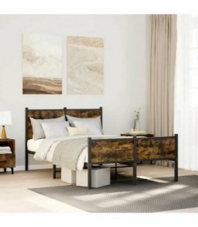 vidaXL Metal Bed Frame without Mattress Smoked Oak 120x190 cm Small — Size: 120 x 190 cm, Model: with headboard & high footboard