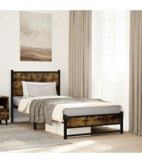 vidaXL Metal Bed Frame without Mattress Smoked Oak 90x190 cm Sin — Size: 90 x 190 cm, Model: with headboard & dual low footboard