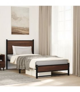 vidaXL Metal Bed Frame without Mattress Brown Oak 90x190 cm Sing — Size: 90 x 190 cm, Model: with headboard & dual low footboard