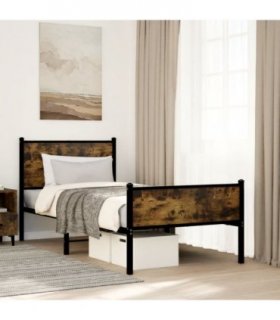 vidaXL Metal Bed Frame without Mattress Smoked Oak 90x190 cm Single — Size: 90 x 190 cm, Model: with headboard & high footboard