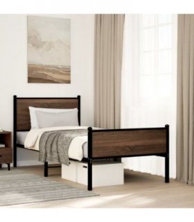 vidaXL Metal Bed Frame without Mattress Brown Oak 90x200 cm — Size: 90 x 200 cm, Model: with headboard & high footboard