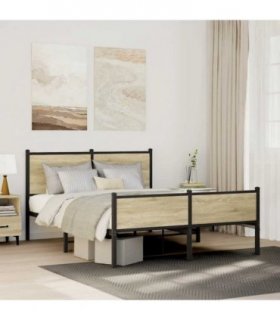 vidaXL Metal Bed Frame without Mattress Sonoma Oak 140x200 cm — Size: 140 x 200 cm, Model: with headboard & high footboard