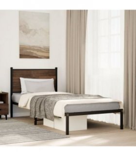 vidaXL Metal Bed Frame without Mattress Brown Oak 90x190 cm Single — Size: 90 x 190 cm, Model: with headboard