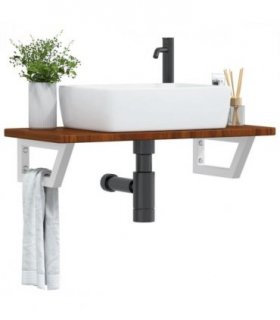 vidaXL Basin Shelf Wall Mounted Steel and Solid Wood Oa — Colour: dark brown and white, Size: 80 x 40 x 2.5 cm, Model: trapezium
