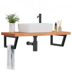 vidaXL Basin Shelf Wall Mounted Steel and Solid Wood Bee — Colour: dark brown and black, Size: 100 x 50 x 4 cm, Model: trapezium