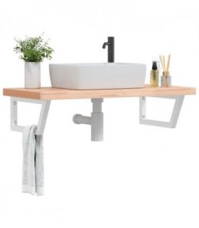 vidaXL Basin Shelf Wall Mounted Steel and Solid Wood Beech — Colour: brown and white, Size: 100 x 50 x 4 cm, Model: trapezium