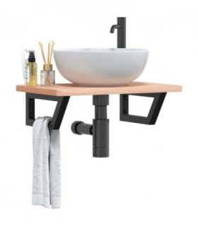 vidaXL Basin Shelf Wall Mounted Steel and Solid Wood Beech — Colour: brown and black, Size: 60 x 40 x 2.5 cm, Model: trapezium