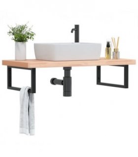vidaXL Basin Shelf Wall Mounted Steel and Solid Wood Beech — Colour: brown and black, Size: 100 x 50 x 4 cm, Model: rectangular
