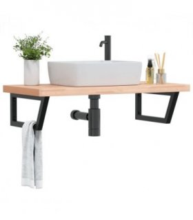 vidaXL Basin Shelf Wall Mounted Steel and Solid Wood Beech — Colour: brown and black, Size: 100 x 50 x 4 cm, Model: trapezium