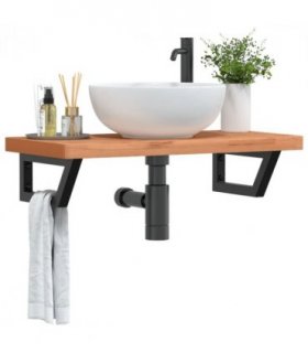 vidaXL Basin Shelf Wall Mounted Steel and Solid Wood Beec — Colour: dark brown and black, Size: 80 x 40 x 4 cm, Model: trapezium