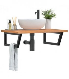 vidaXL Basin Shelf Wall Mounted Steel and Solid Wood Beech — Size: 80 x 55 x 2.5 cm, Model: trapezium