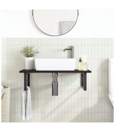vidaXL Basin Shelf Wall Mounted Steel and Solid Wood Oa — Colour: dark brown and black, Size: 80 x 50 x 2 cm, Model: rectangular
