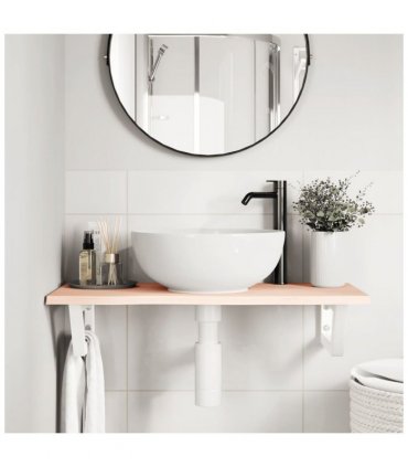 vidaXL Basin Shelf Wall Mounted Steel and Solid Wood Oak — Colour: brown and white, Size: 80 x 40 x 2 cm, Model: trapezium