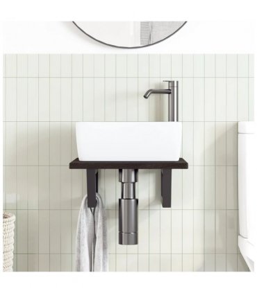 vidaXL Basin Shelf Wall Mounted Steel and Solid Wood Oak — Colour: dark brown and black, Size: 40 x 50 x 2 cm, Model: trapezium
