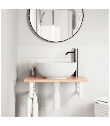 vidaXL Basin Shelf Wall Mounted Steel and Solid Wood O — Colour: light brown and white, Size: 60 x 40 x 2 cm, Model: rectangular