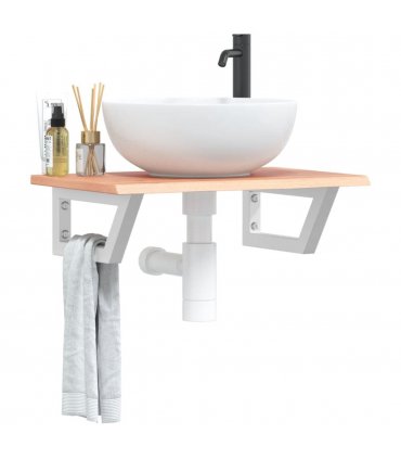 vidaXL Basin Shelf Wall Mounted Steel and Solid Wood Oak — Colour: light brown and white, Size: 60 x 40 x 2 cm, Model: trapezium
