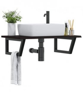 vidaXL Basin Shelf Wall Mounted Steel and Solid Wood Oak — Colour: dark brown and black, Size: 80 x 50 x 2 cm, Model: trapezium