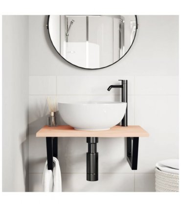 vidaXL Basin Shelf Wall Mounted Steel and Solid Wood Oak — Colour: brown and black, Size: 60 x 50 x 2 cm, Model: trapezium