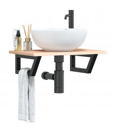 vidaXL Basin Shelf Wall Mounted Steel and Solid Wood Oak — Colour: brown and black, Size: 60 x 40 x 2 cm, Model: trapezium