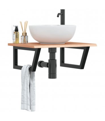 vidaXL Basin Shelf Wall Mounted Steel and Solid Wood Oak — Colour: light brown and black, Size: 60 x 50 x 2 cm, Model: trapezium