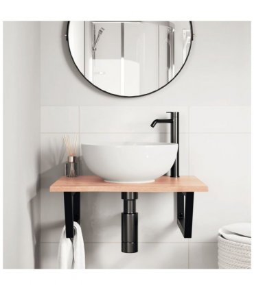 vidaXL Basin Shelf Wall Mounted Steel and Solid Wood Oak — Colour: light brown and black, Size: 60 x 50 x 2 cm, Model: trapezium