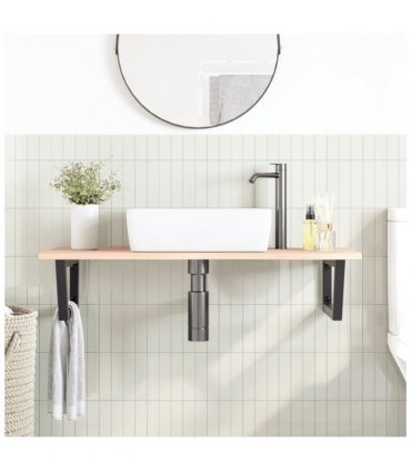 vidaXL Basin Shelf Wall Mounted Steel and Solid Wood Oak — Colour: brown and black, Size: 100 x 50 x 2 cm, Model: trapezium