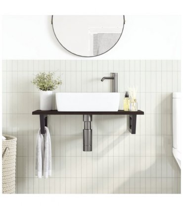 vidaXL Basin Shelf Wall Mounted Steel and Solid Wood Oak — Colour: dark brown and black, Size: 80 x 40 x 2 cm, Model: trapezium