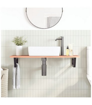 vidaXL Basin Shelf Wall Mounted Steel and Solid Wood Oa — Colour: light brown and black, Size: 100 x 40 x 2 cm, Model: trapezium