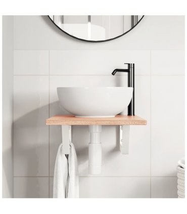 vidaXL Basin Shelf Wall Mounted Steel and Solid Wood Oak — Colour: light brown and white, Size: 40 x 60 x 2 cm, Model: trapezium