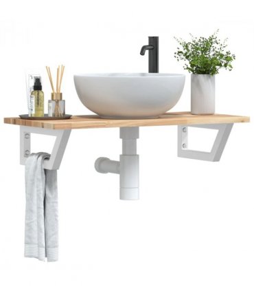 vidaXL Basin Shelf Wall Mounted Steel and Solid Wood Acacia — Colour: brown and white, Size: 100 x 40 x 2 cm, Model: trapezium