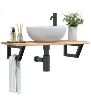 vidaXL Basin Shelf Wall Mounted Steel and Solid Wood Acacia — Colour: brown and black, Size: 100 x 40 x 2 cm, Model: trapezium